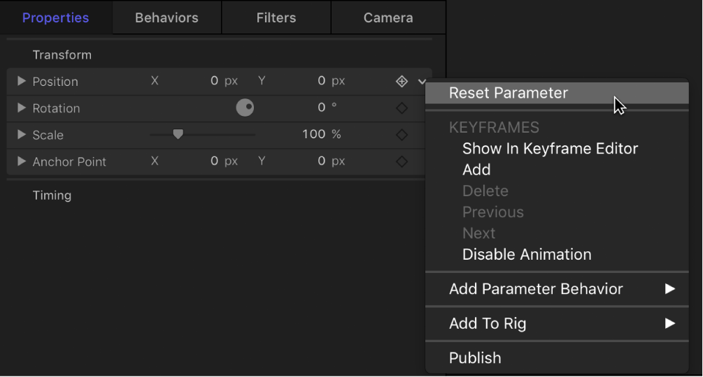 Reset Parameter menu option in the Animation menu
