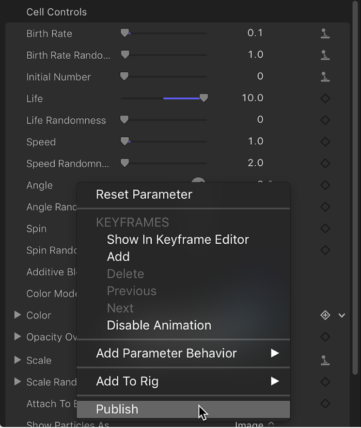 Choosing Publish from Color parameter’s shortcut menu