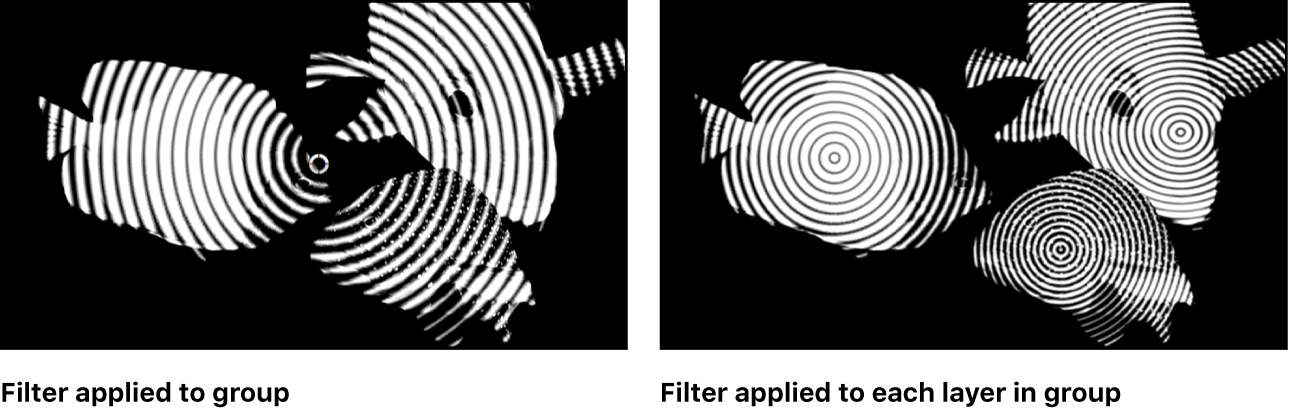 Lienzo con efecto relativo de un filtro aplicado una vez a un grupo o varias veces a cada objeto del grupo