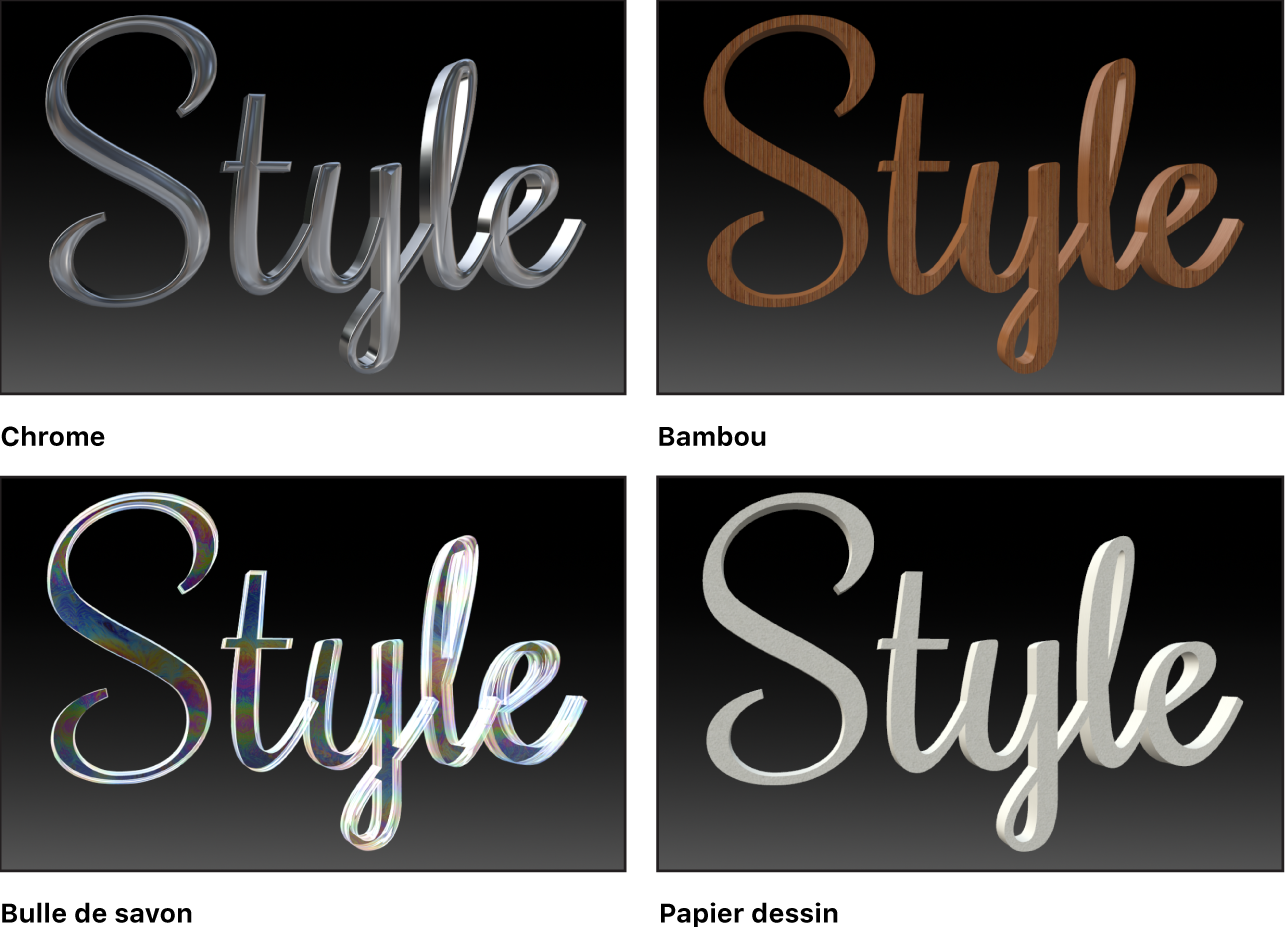 Canevas affichant quatre styles de matériau différents (Chrome, Bambou, Bulle de savon et Papier dessin)