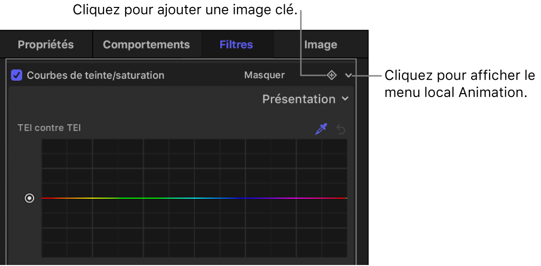 Inspecteur de filtres affichant le bouton « Ajouter une image clé » et le bouton du menu local Animation