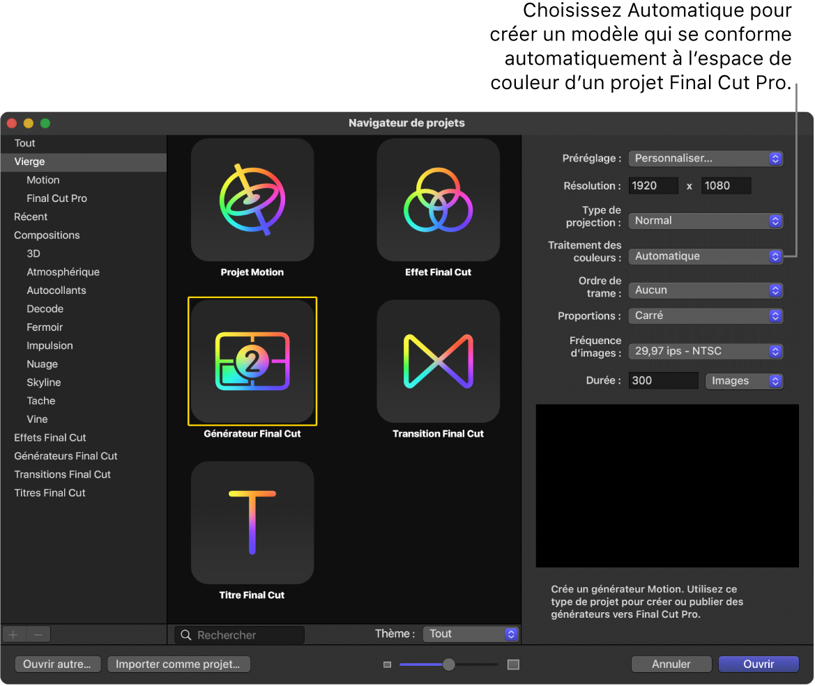 Navigateur de projets montrant l’icône « Générateur Final Cut » et « Traitement des couleurs » défini sur Automatique