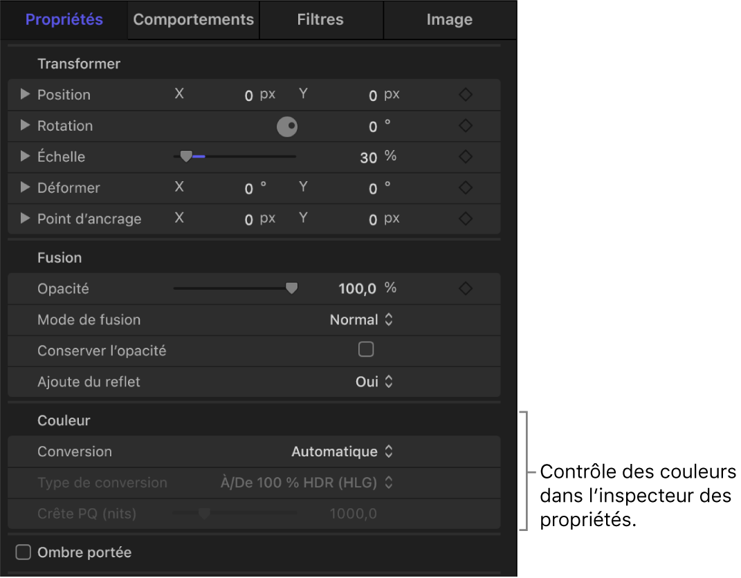 Commandes de couleur dans l’inspecteur des propriétés pour un plan sélectionné.