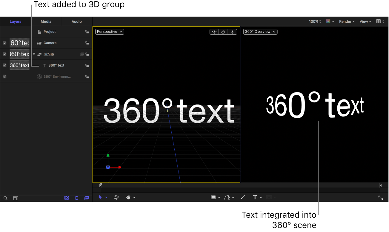 360° 프로젝트에서 그룹 대상체에 추가된 텍스트