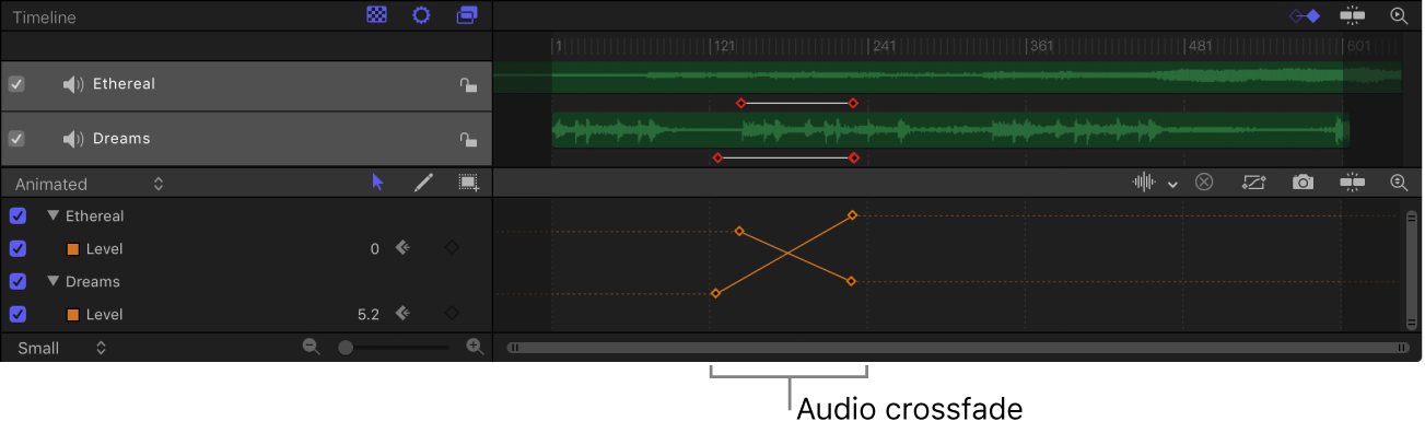 关键帧编辑器中显示的音频交叉淡入淡出的示例