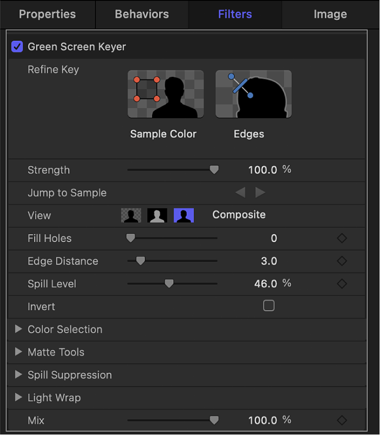 “绿屏抠像器”滤镜中的参数