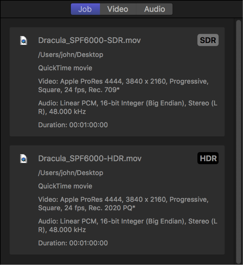 Job inspector showing separate summaries for the SDR source file and the HDR source file.