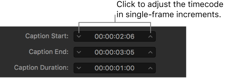 Caption timing fields showing timecode and frame advancement arrows