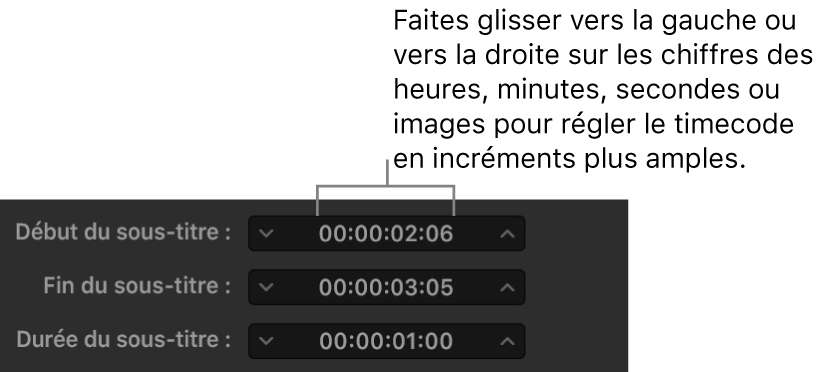 Champs de synchronisation des sous-titres montrant le timecode et les champs de glissement des heures, minutes, secondes et images