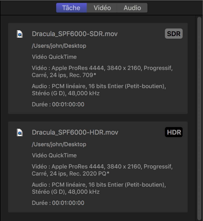 Inspecteur de tâche affichant des résumés distincts pour le fichier source SDR et pour le fichier source HDR.