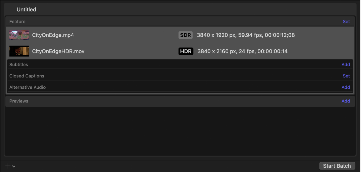 显示 SDR 视频和 HDR 视频的输出行的批处理区域。
