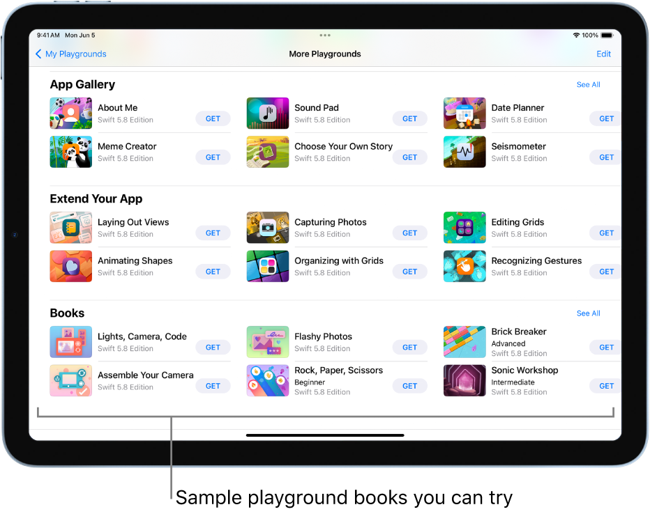 The My Playgrounds screen. At the bottom is the Books section, showing several playground books you can try.