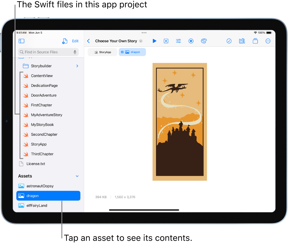 An open app playground called Choose Your Own Story. The coding area is visible and the left sidebar is open, showing the Swift files and other assets in the app playground. The asset “dragon” is selected in the left sidebar, and its contents are displayed in the coding area.