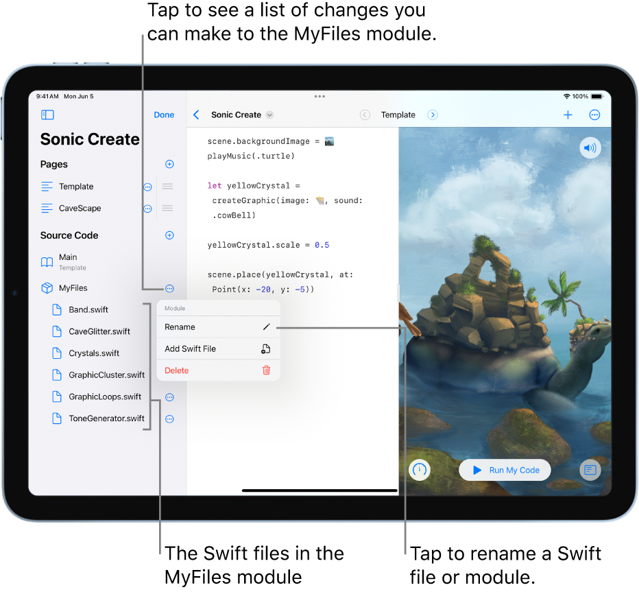 A playground page with the sidebar open, showing pages, modules, and Swift files. The list is in Edit mode, so you can tap buttons to the right of the list to rename, add, or delete pages, modules, or files.