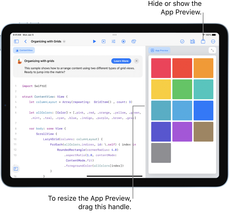 An app that shows how to arrange content in two different grid views. The App Preview in the right sidebar displays the result of the code in the coding area to the left.