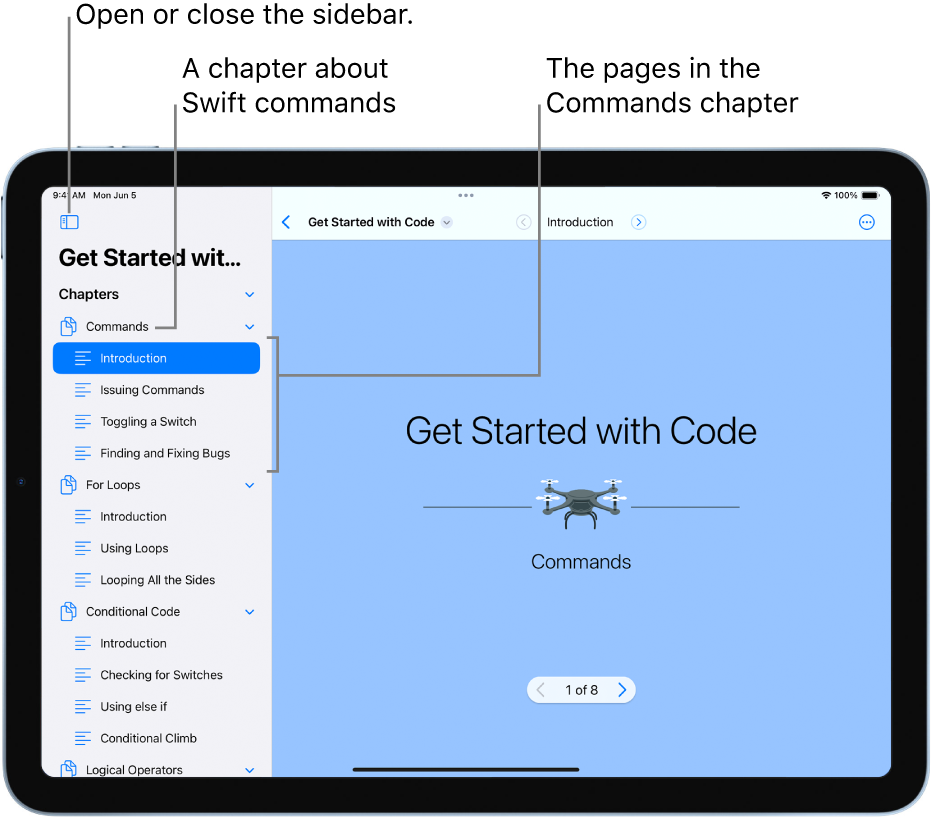 The first slide of the Introduction to the Commands chapter in the Get Started with Code playground book. The sidebar is open, showing the chapters and pages in the playground.