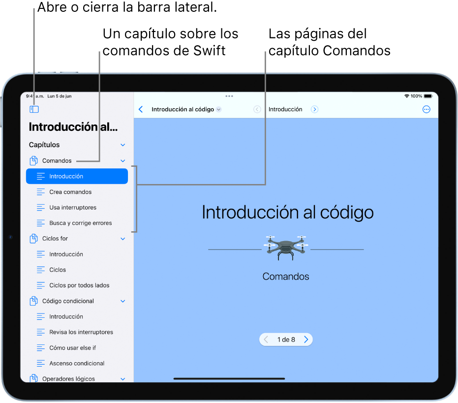 La primera diapositiva del capítulo Introducción a los comandos en el libro de playground Introducción al código. La barra lateral está abierta y muestra los capítulos y páginas del playground.