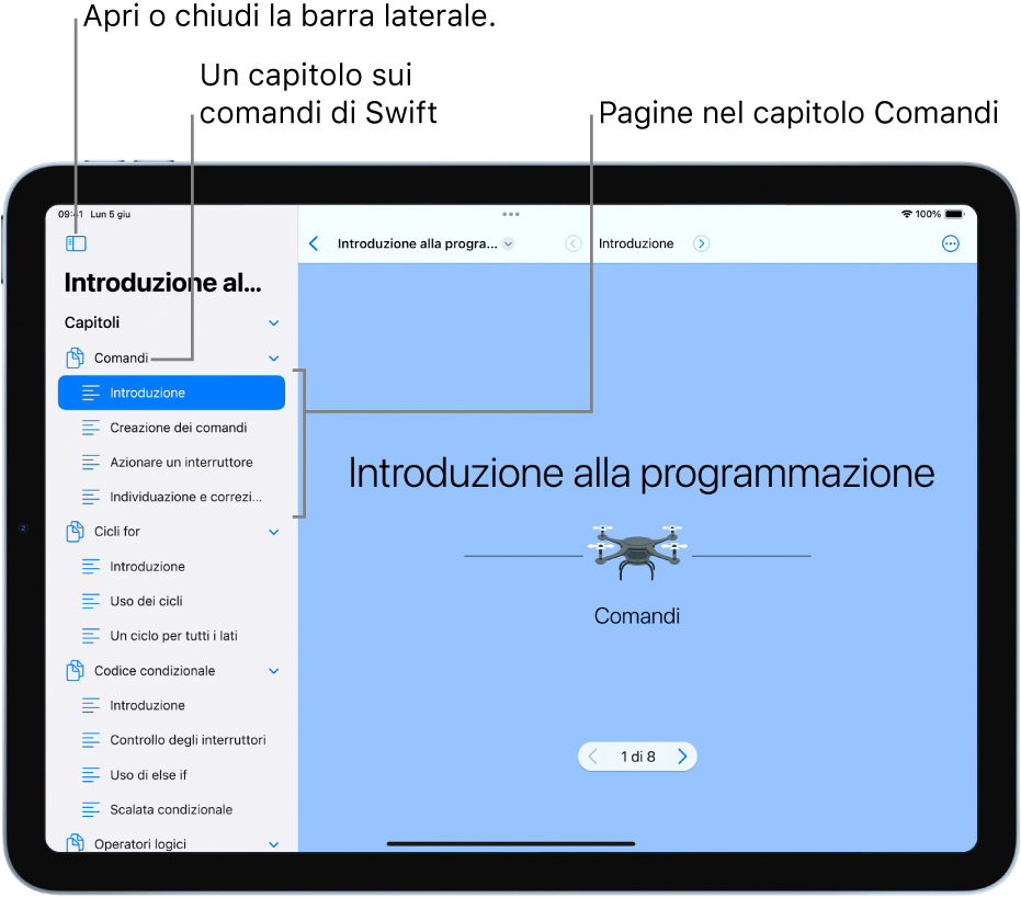 La prima diapositiva del capitolo di introduzione ai comandi nel playground “Introduzione alla programmazione”. La barra laterale è aperta e mostra i capitoli e le pagine nel playground.