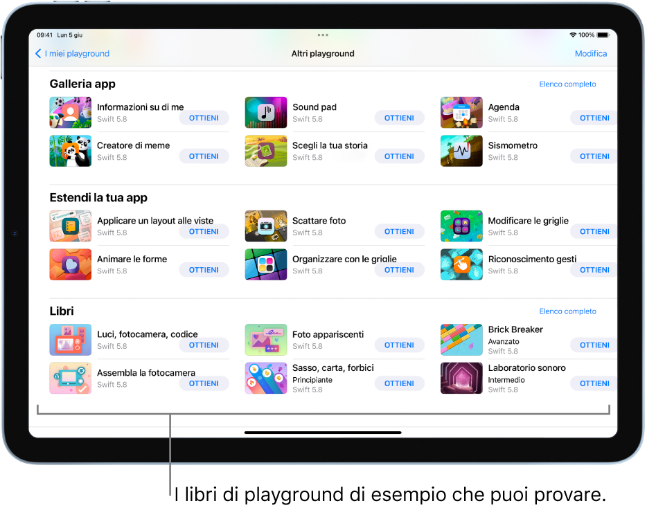 La schermata “I miei playground”. In basso è presente la sezione Libri, che mostra vari libri di playground da provare.