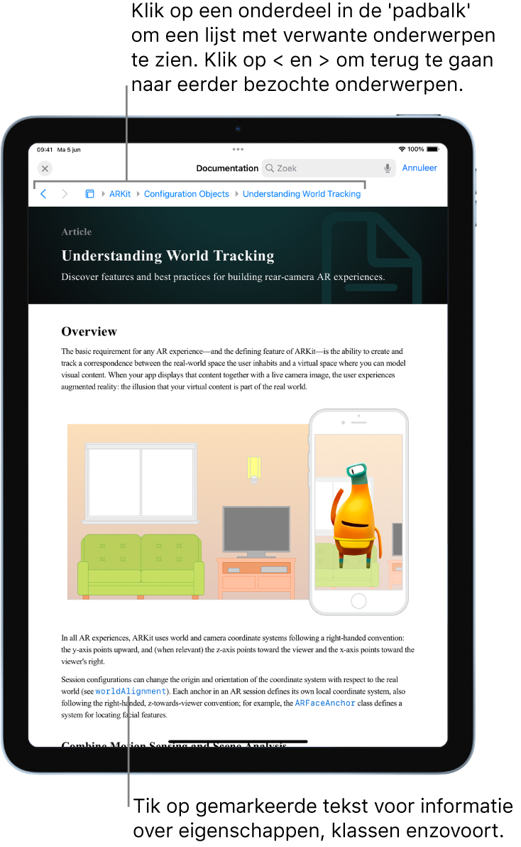 Een pagina uit een artikel over augmented reality (AR) in de Apple documentatie voor ontwikkelaars. In de "padbalk" bovenaan staan de stappen waarmee je door de documentatie bladert. Tik op een element in de balk voor een lijst met verwante onderwerpen waar je naartoe kunt springen. Tik op de pijlen om terug te gaan naar eerder bezochte onderwerpen.