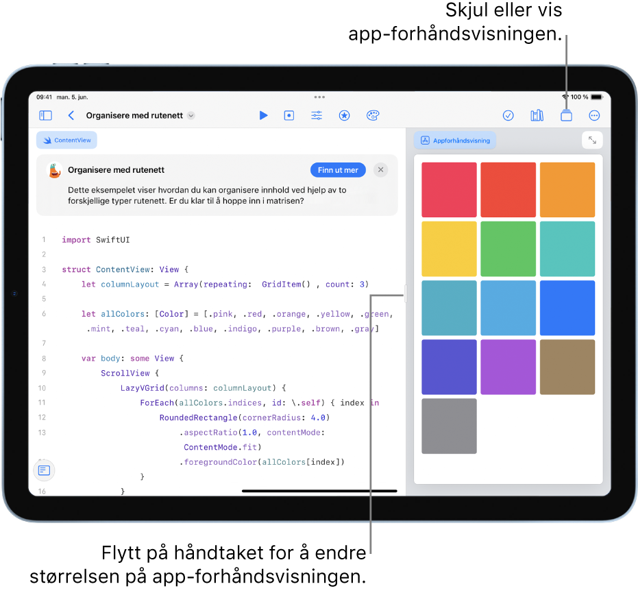 En app som viser hvordan du kan organisere innhold i to forskjellige rutenettvisninger. Appforhåndsvisningen i høyre sidepanel viser resultatet av koden i kodeområdet til venstre.