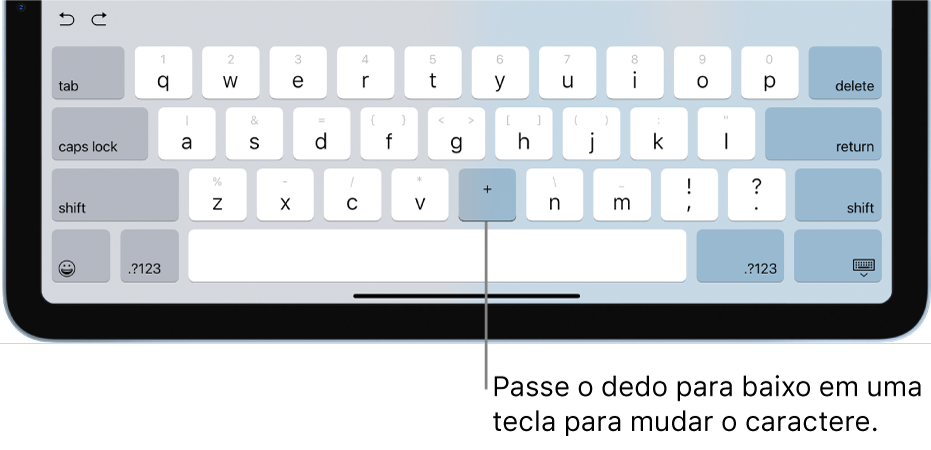 Teclado mostrando que a tecla B foi alterada para o símbolo de adição depois que o usuário deslizou para baixo nela.