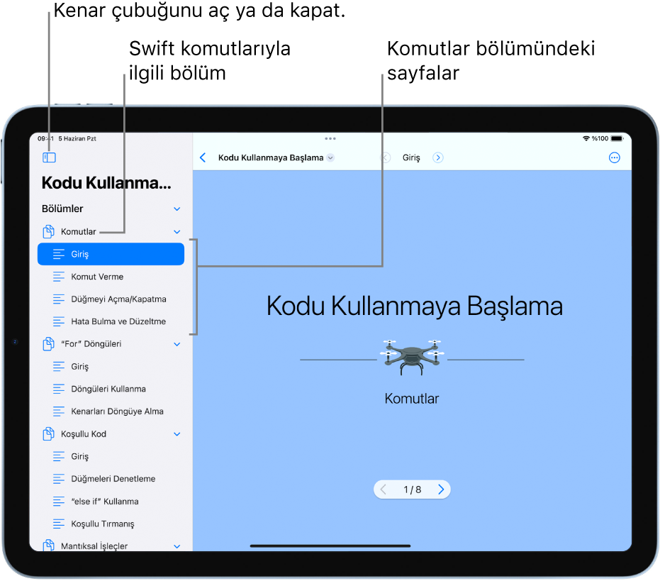 Kodu Kullanmaya Başlama oyun alanı kitabında Komutlara Giriş bölümünün ilk slaytı. Kenar çubuğu açık, oyun alanındaki bölümleri ve sayfaları gösteriyor.