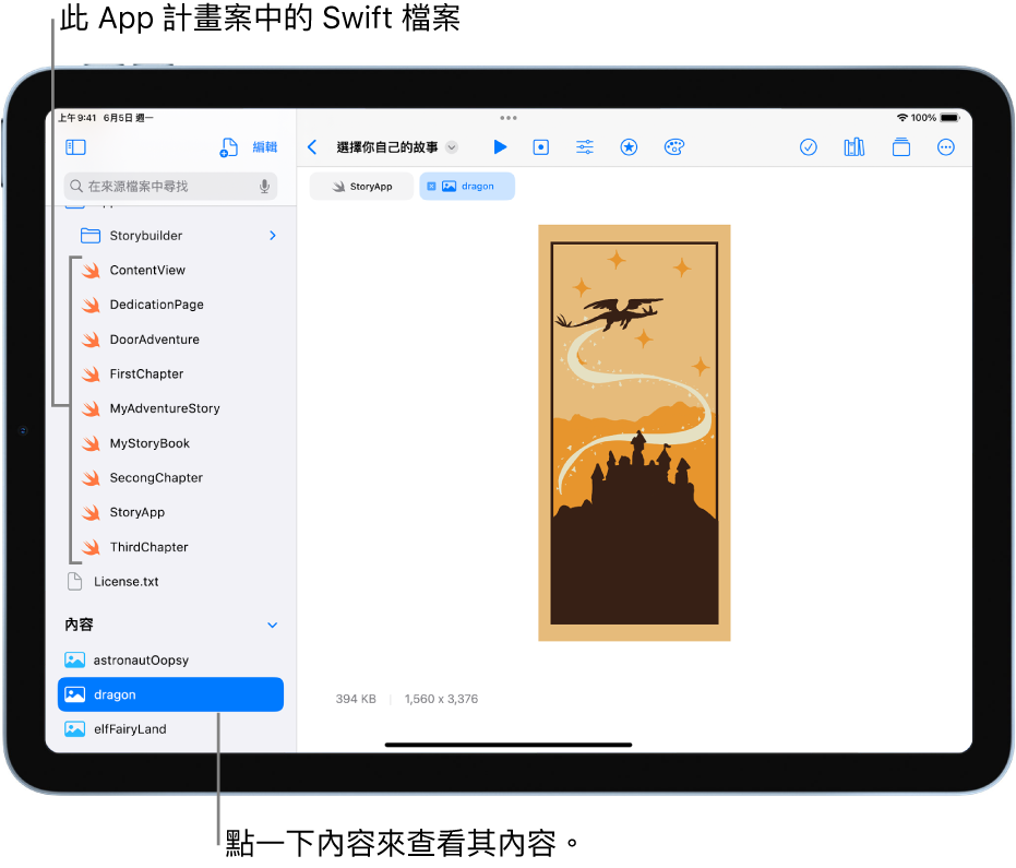 打開的 App Playground，名稱為「選擇你自己的故事」。程式設計區域可供檢視且左側側邊欄已打開，顯示 App Playground 中的 Swift 檔案和其他內容。在左側側邊欄中選取了「龍」的內容，而其內容會在程式設計區域中顯示。