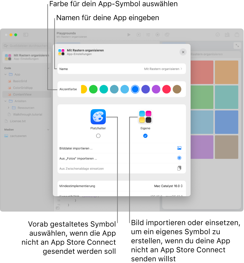 Das Fenster „App-Einstellungen“ einer App mit dem Namen der App, den Farben und Medien, mit denen ein Symbol für die App erstellt werden kann.
