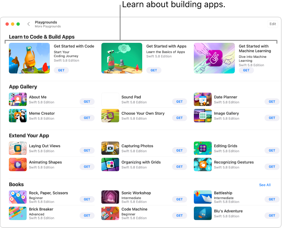 The More Playgrounds window, showing the tutorials in the Learn to Code & Build Apps section at the top.