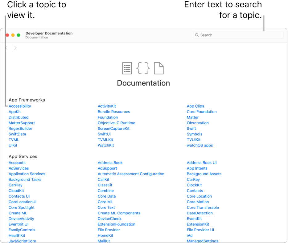 The Swift developer documentation, showing the table of contents, the search icon at the top right, and the topics you can click to read.