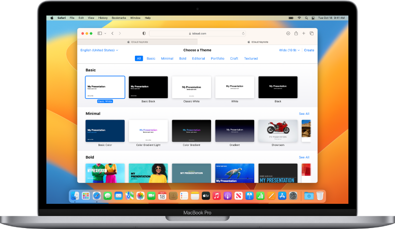 MacBook Pro med Keynote-temavælgeren åben på skærmen. Det første basistema er valgt, de andre basistemaer vises til højre, og brugsklare temaer vises nedenfor i rækker efter kategori.