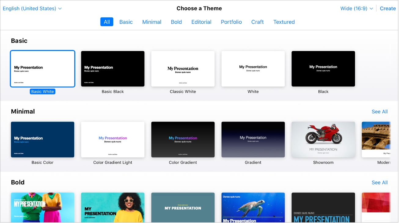 The theme chooser showing several template thumbnails. The Basic White theme is selected.