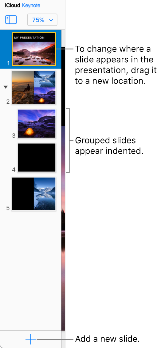 The Keynote for iCloud slide navigator is open in the left sidebar, showing five slides in the presentation. A button to add a new slide is at the bottom of the sidebar.