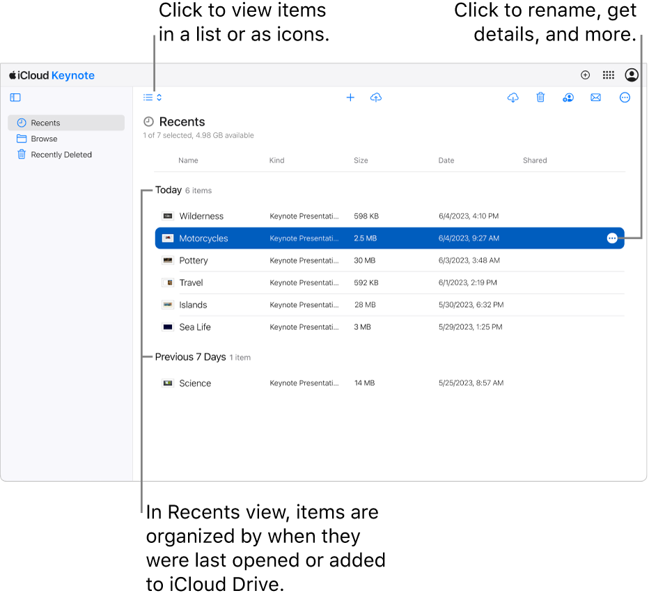 Keynote for iCloud presentation manager, with Recents selected in the sidebar on the left. Nine presentations are shown, grouped by categories—Today, April, and January, and a More button (three dots) is visible in the upper-right corner of the selected presentation.
