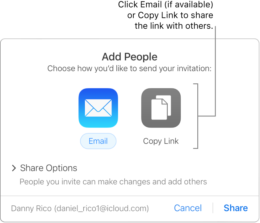 The window that appears when you click the Collaboration button in the toolbar (before a presentation is shared). Email and Copy Link buttons allow you to choose how to share the presentation.