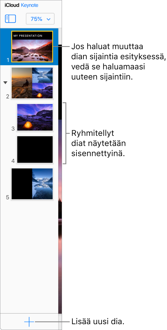 Keynote iCloudille -apin diojen rakennenäkymä on auki vasemmassa sivupalkissa: siinä näkyvät esityksen viisi diaa. Painike uuden dian lisäämiseksi löytyy sivupalkin alaosasta.