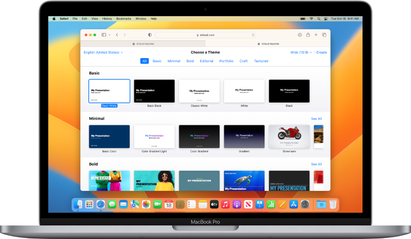 MacBook Pro, jonka näytöllä on auki Keynote-teeman valintatoiminto. Ensimmäinen perusteema on valittuna. Muut perusteemat näytetään sen oikealla puolella ja valmiit teemat alapuolella riveittäin luokan mukaan.