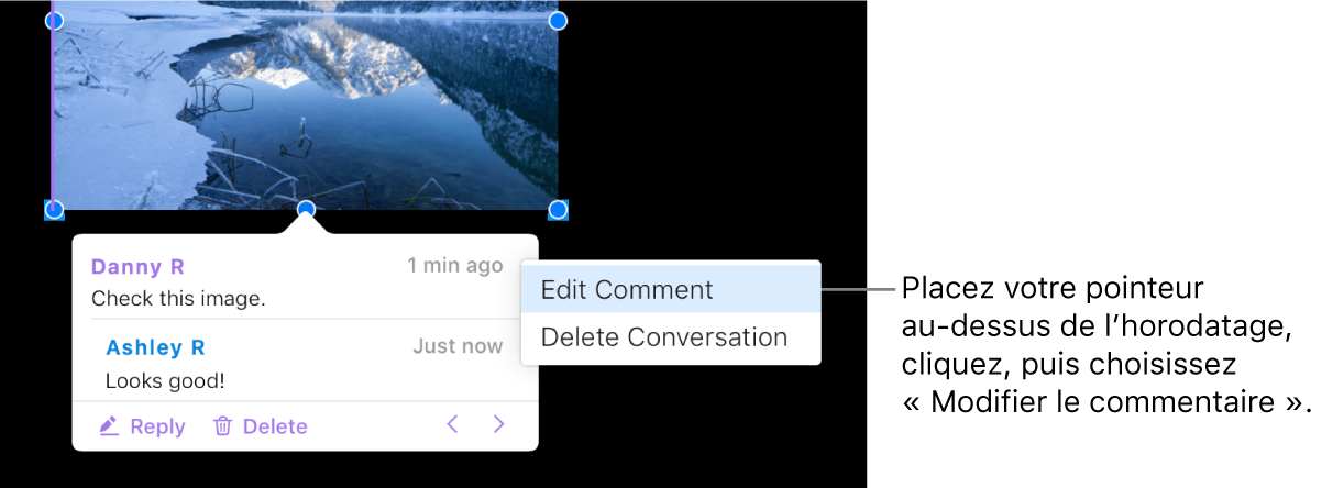 Un commentaire ouvert et le pointeur placé sur l’horodatage situé en haut. Un menu local propose deux options : Modifier le commentaire et Supprimer la conversation.