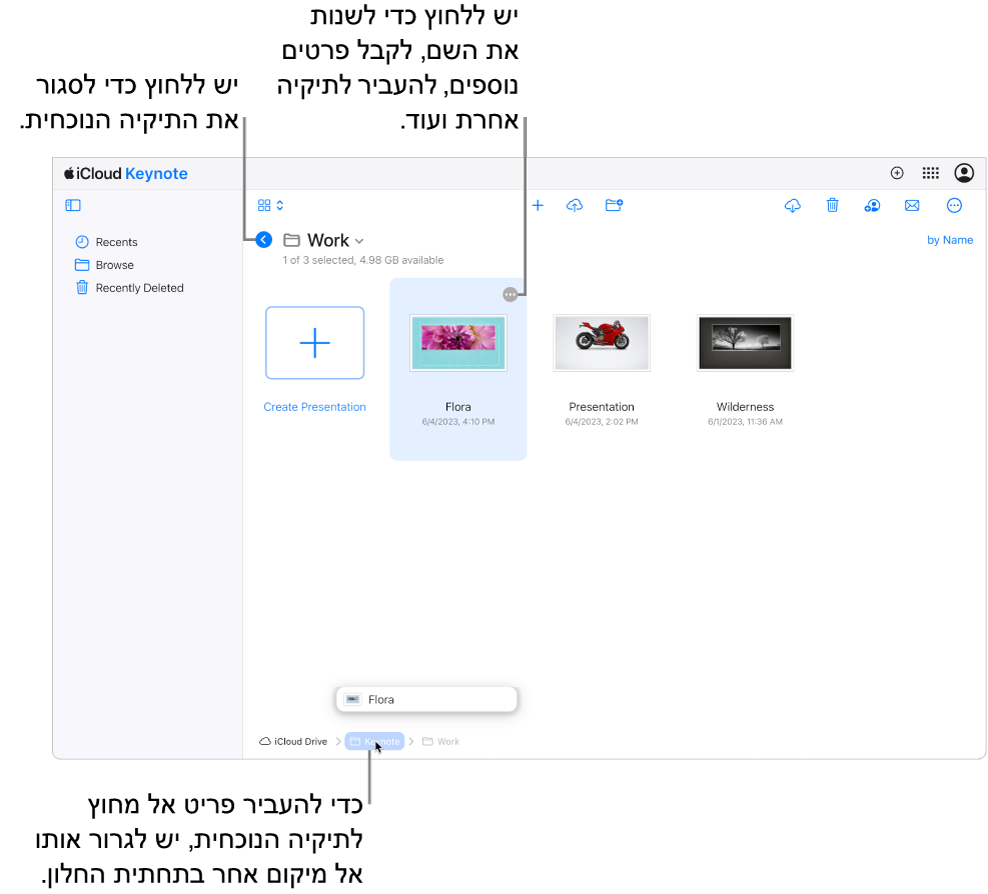 מנהל המצגות בתצוגת ״עיון״, עם מצגת שנגררת למיקום חדש (תיקיית Keynote) בתחתית החלון. מתחת לסרגל הכלים מופיע הכפתור ״הקודם״ מימין לשם התיקייה הנוכחית (״עבודה״).