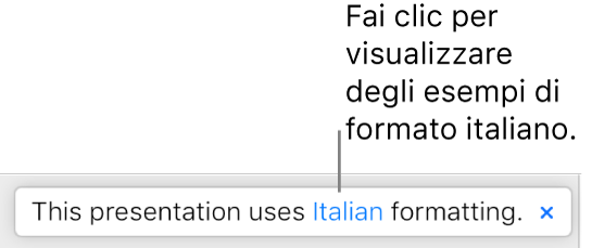 Un messaggio che indica che nella presentazione è in uso la formattazione della lingua italiana.