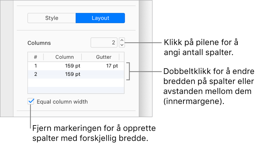 Kontrollene for tekstkolonner i Layout-delen i Format-sidepanelet.