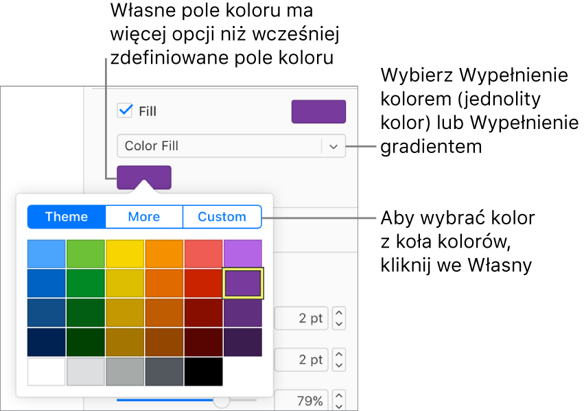 W menu podręcznym pod polem wyboru Wypełnienie jest wybrana opcja Wypełnienie kolorem, a pod menu podręcznym widoczne jest pole koloru z dodatkowymi opcjami wypełniania kolorem.