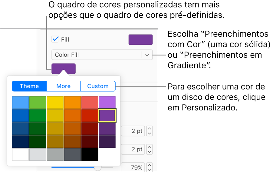 Colorido está selecionado no menu pop-up abaixo da caixa de seleção Preencher, e o seletor de cores abaixo do menu pop-up mostra opções adicionais de preenchimento de cor.