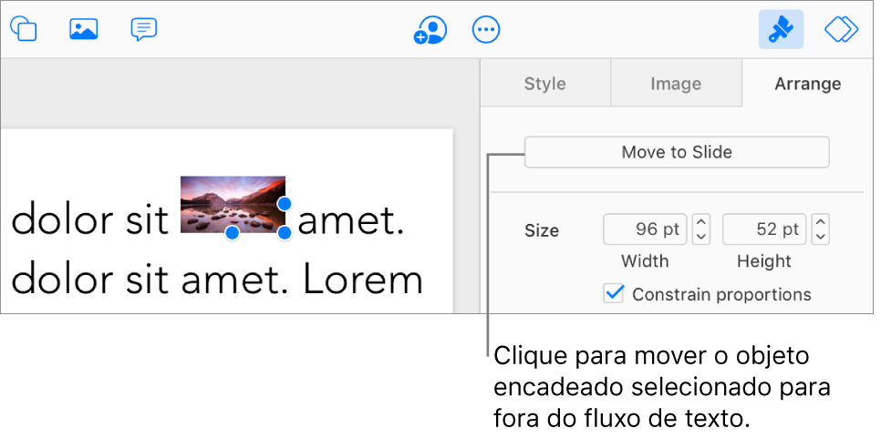 Uma imagem incorporada na caixa de texto está selecionada e o botão Mover para o diapositivo está visível no separador “Organização” na barra lateral.