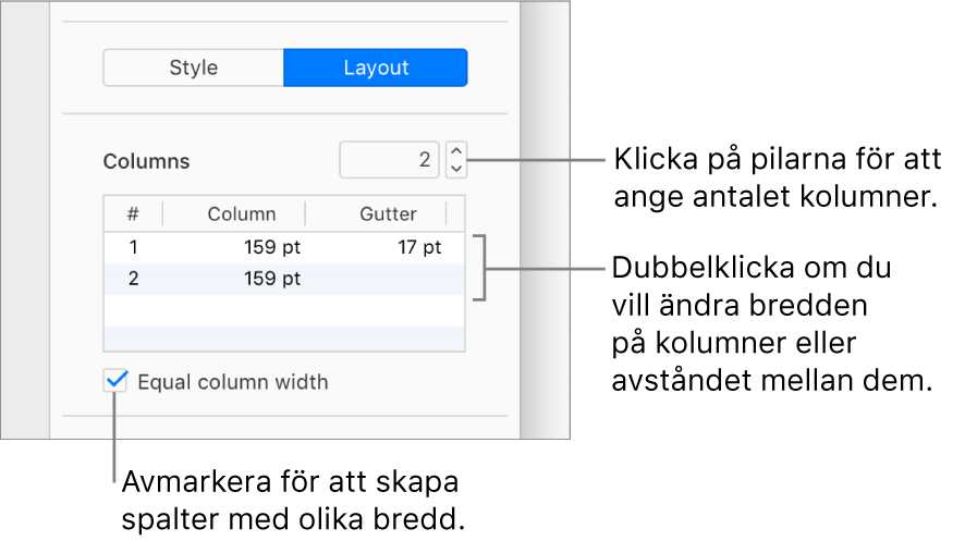 Textkolumnsreglage i Layout-delen av sidofältet Format.