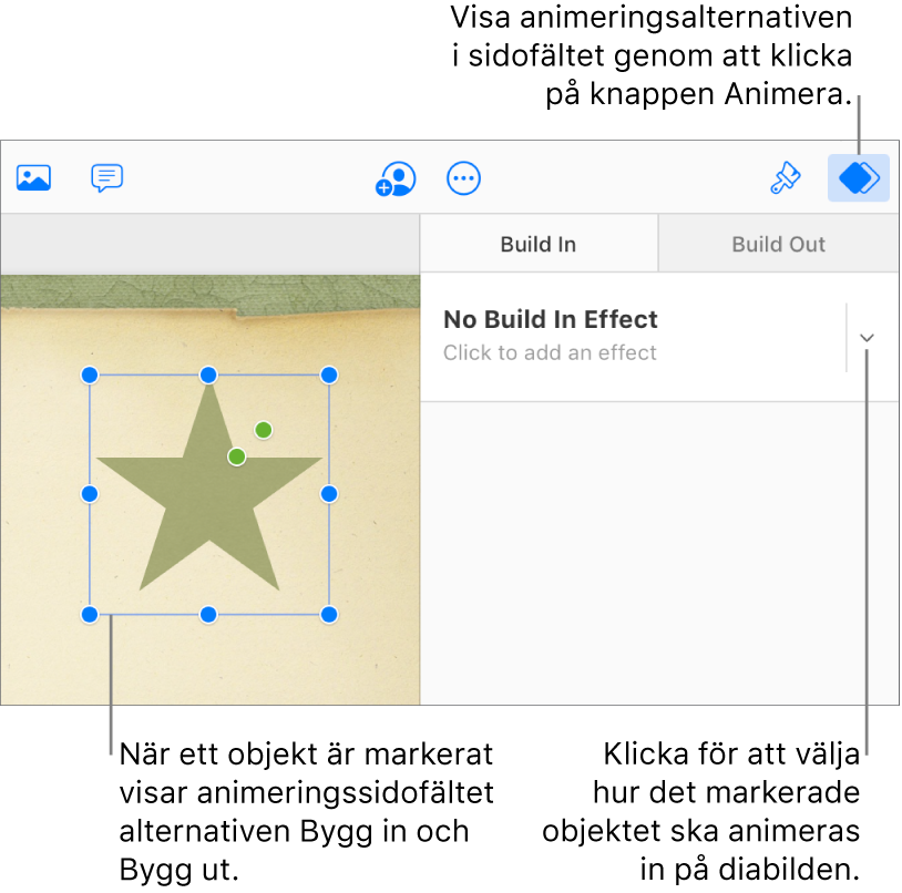 Ett objekt väljs på bilden, knappen Animera väljs i verktygsfältet och ”Ingen inbyggningseffekt” visas i popupmenyn för inbyggd i sidofältet.