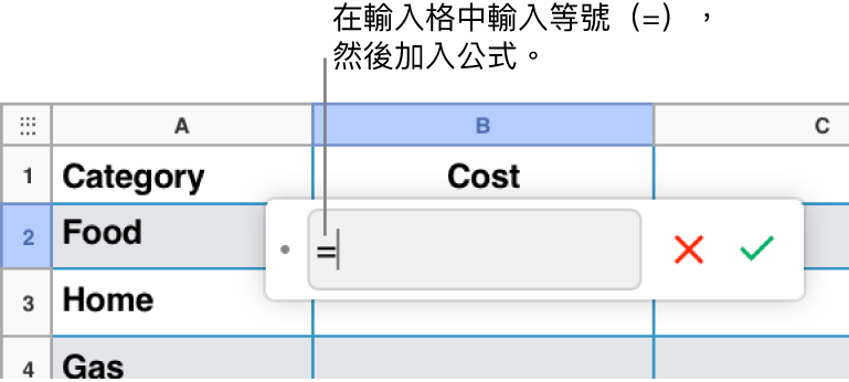 已在公式編輯器中輸入等號（=），但尚未輸入公式。