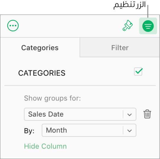 يُحدَّد الزر "تنظيم" في شريط الأدوات، وتظهر القواعد التي تصف فئة ما في علامة التبويب "فئات" في الشريط الجانبي "تنظيم". تُنظَّم البيانات حسب تاريخ البيع، ثم تُجمَّع حسب الشهر.