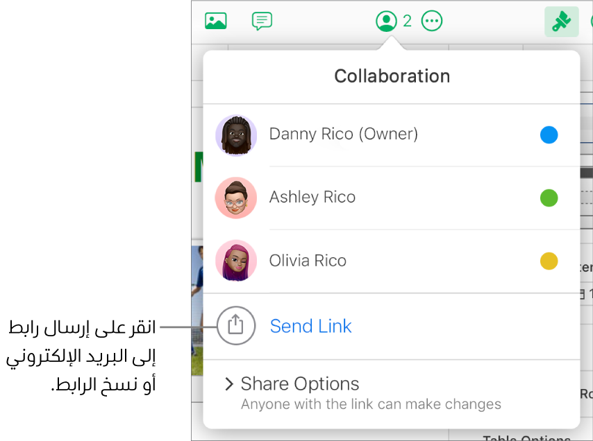 قائمة التعاون مفتوحة، مع خيار إرسال رابط أسفل قائمة المشاركين.